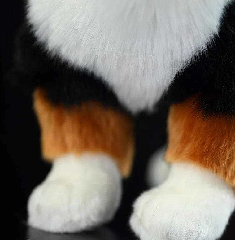 Black Bernese Mountain Dog plush toy showing 29cm length and accurate breed proportions