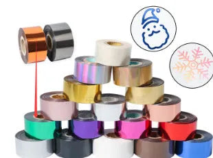 Roll of electrochemical aluminium hot foil for branding on leather and plastic, showing metallic finish and 120m length