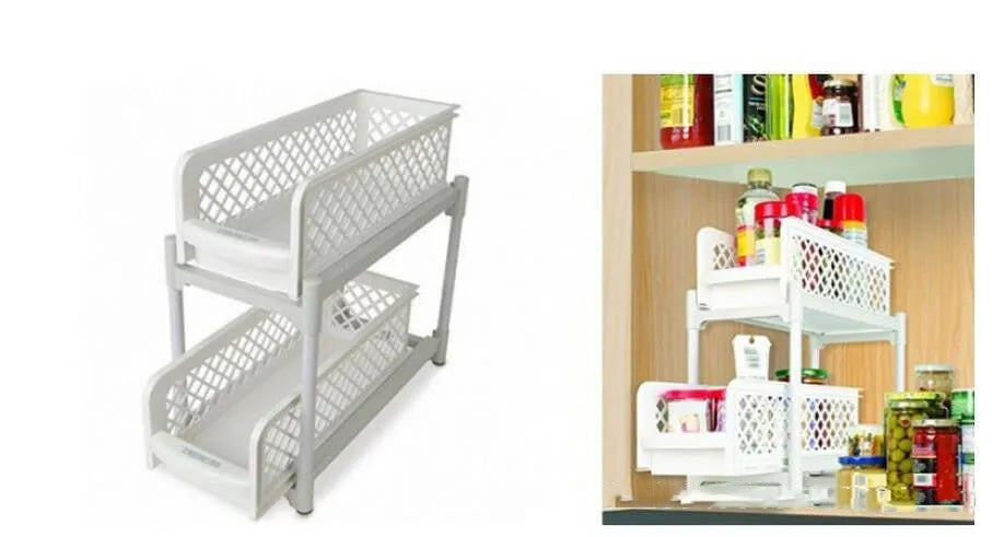 White two-tier plastic storage rack for bathroom or kitchen countertop, 41.5x19.3x9.3cm