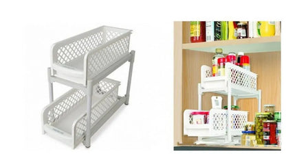 White two-tier plastic storage rack for bathroom or kitchen countertop, 41.5x19.3x9.3cm