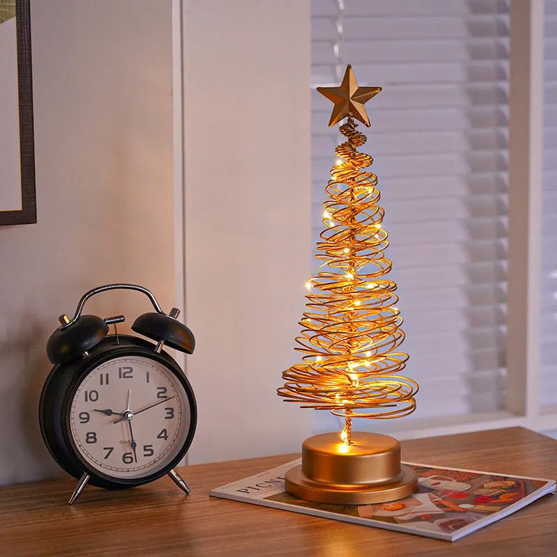 Wrought iron Christmas tree LED table light with battery operation and warm white illumination