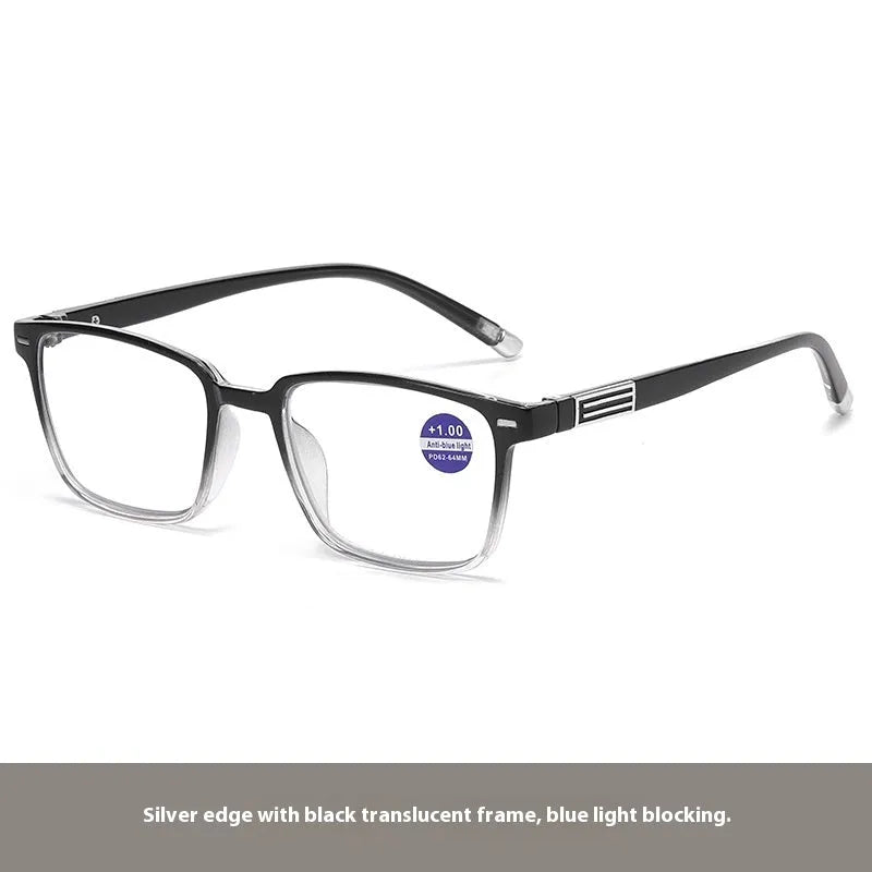 Multifocal reading glasses with anti blue light protection showing colour changing lenses