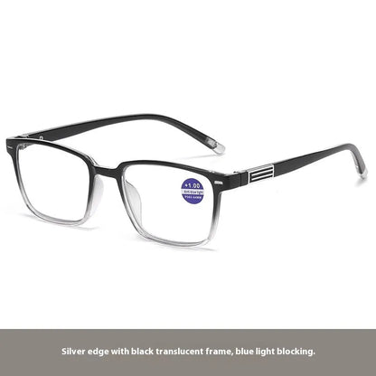 Multifocal reading glasses with anti blue light protection showing colour changing lenses