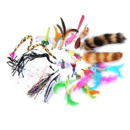 Extendable cat teaser wand with colourful feather attachments on a wooden floor