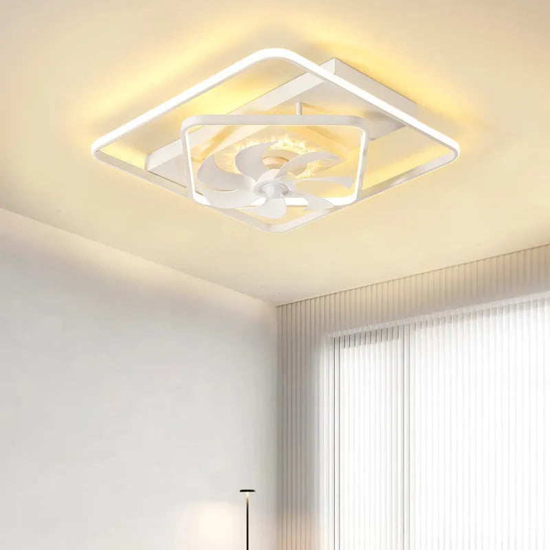 Thin suction ceiling fan lamp with 1100mm diameter plastic blades and acrylic shade in modern design