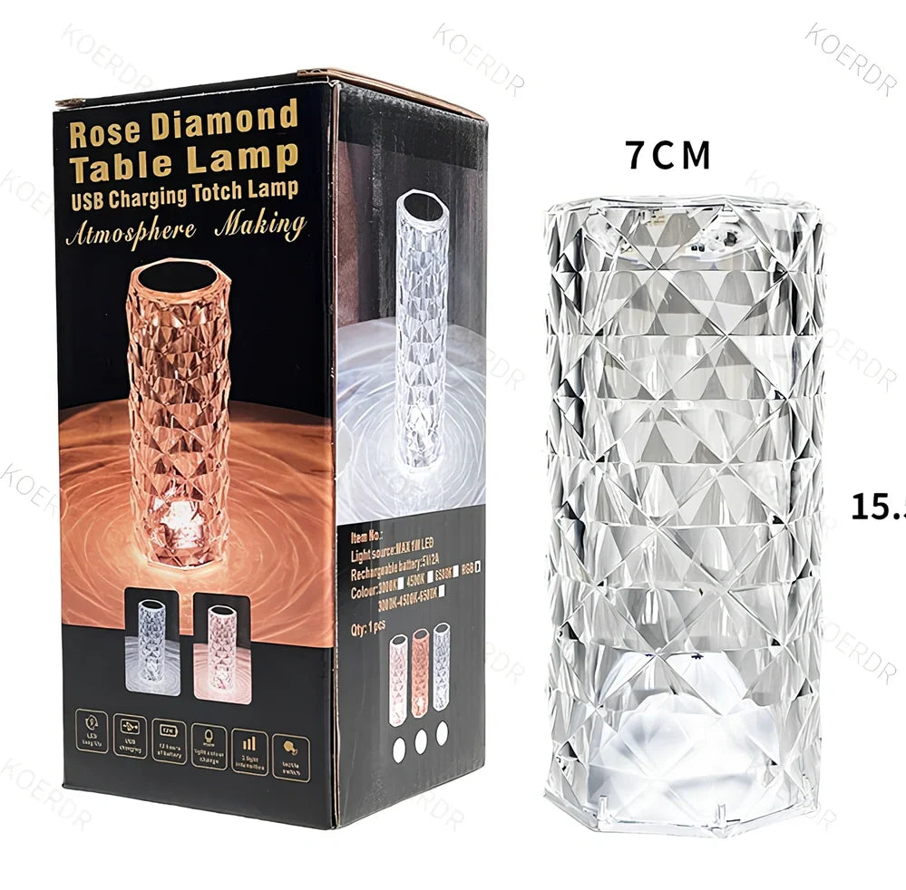 Clear acrylic table lamp with rose petal pattern, 12.2cm height, LED lighting