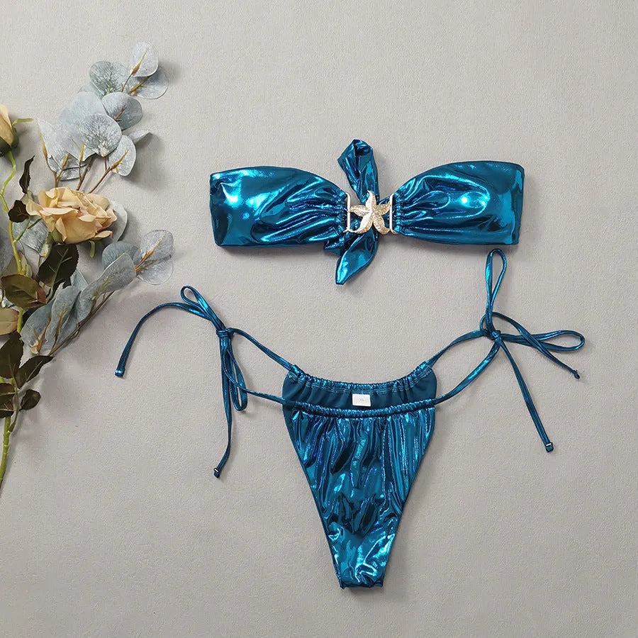 Women's tube top split bikini in sapphire blue with glossy fabric and backless design for swimming