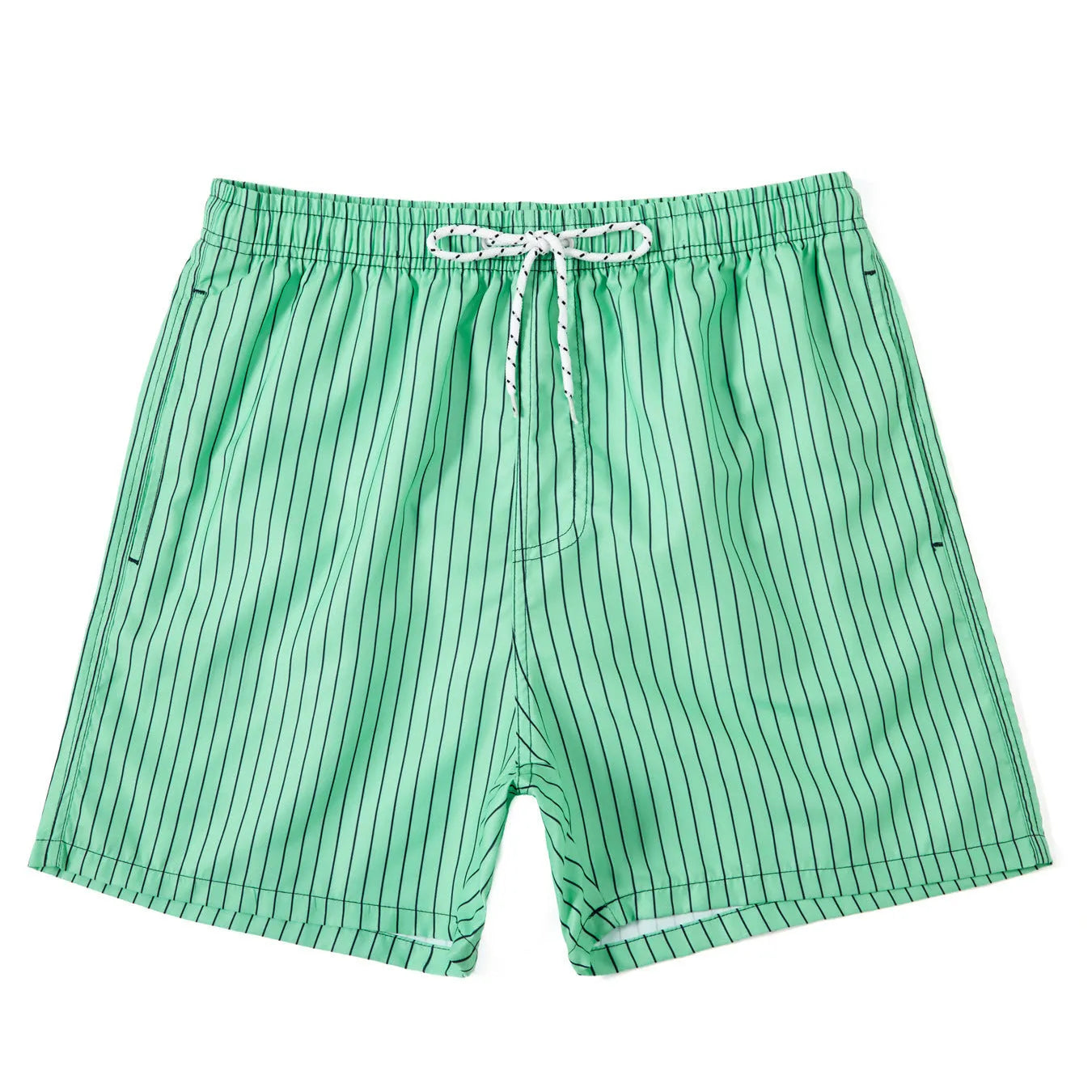 Pair of grey striped polyester shorts with a straight leg cut on a mannequin