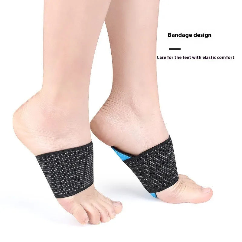 Blue elastic bandage foot pads with arch support for flat foot conditions in adult and children sizes