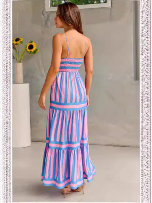 Women's backless square neck summer dress with suspenders and side pockets in striped printed fabric
