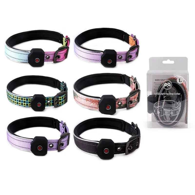Blue and green plaid LED luminous dog collar with reflective stripe and USB charging cable