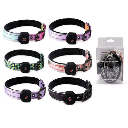 Blue and green plaid LED luminous dog collar with reflective stripe and USB charging cable