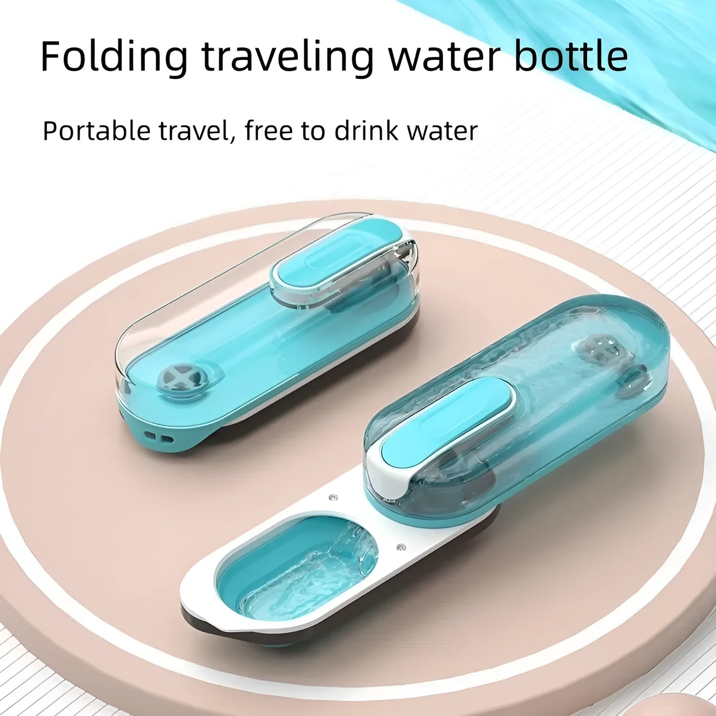 Blue portable pet water bottle with foldable silicone drinking bowl extended.