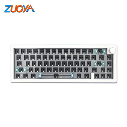 Customisable DIY mechanical keyboard kit with RGB backlighting and control knob, shown in multiple colour options