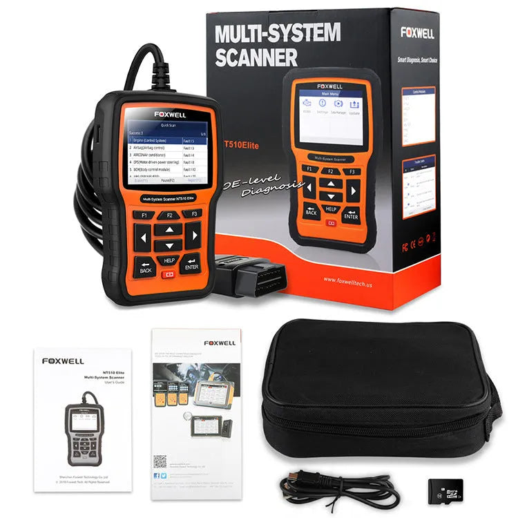 Foxwell NT510 automotive diagnostic tool with orange and black design, large TFT colour screen, and data cable for OBD scanning