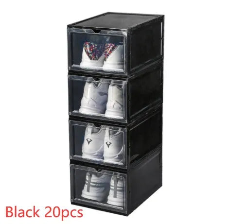 Foldable PP sneaker storage box with cover, internal size 32.5x23x17.5cm, black or transparent, stackable shoe organiser