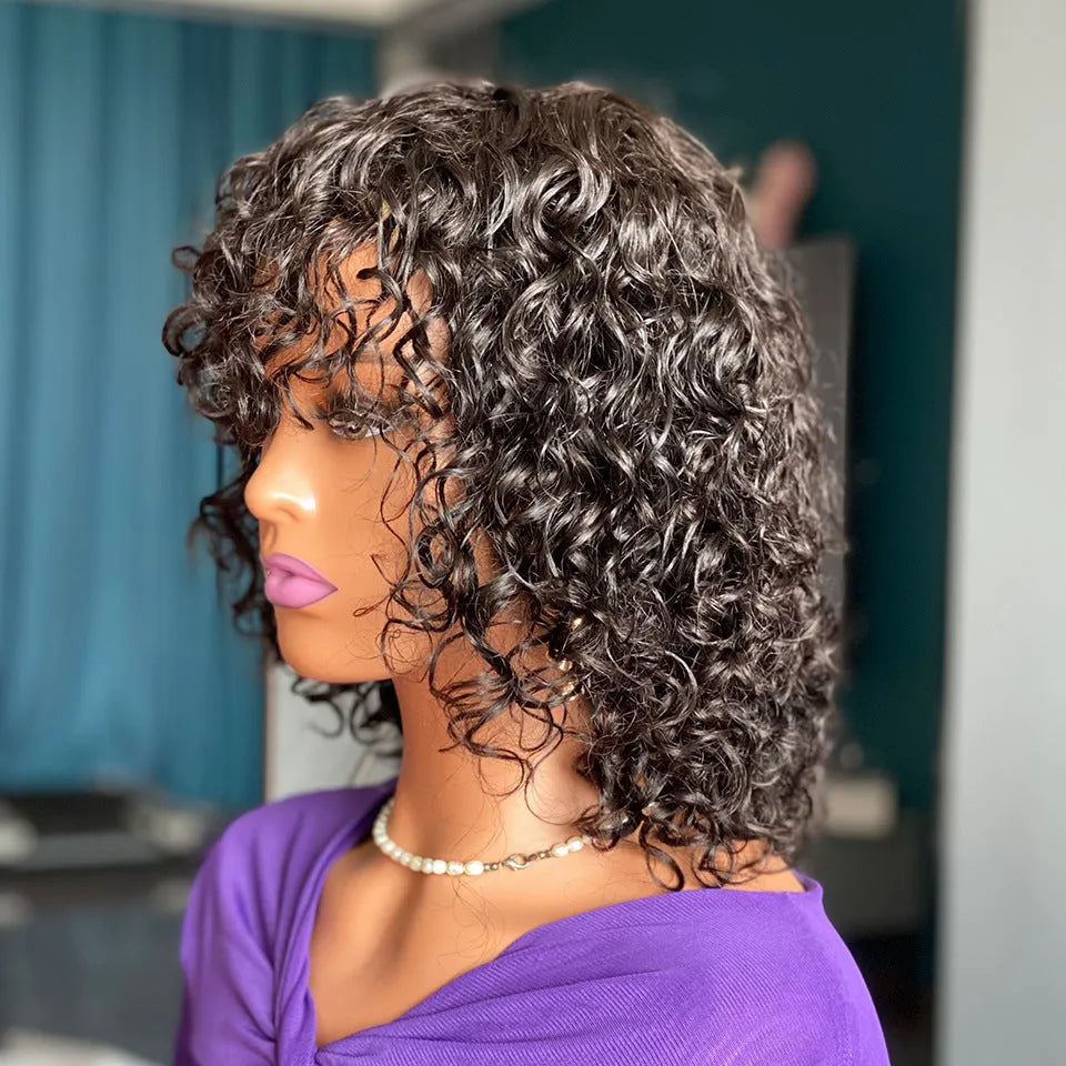 Deep curly black human hair wig with even and oblique bangs, 12 inch full head style