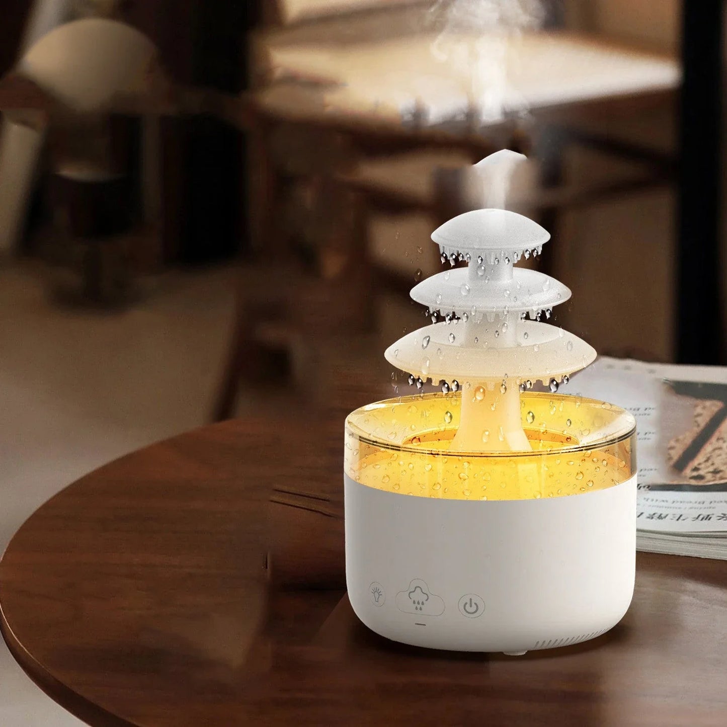 Soothing Raincloud Humidifier with ultrasonic mist, essential oil diffuser, and color-changing lights for relaxation and wellness