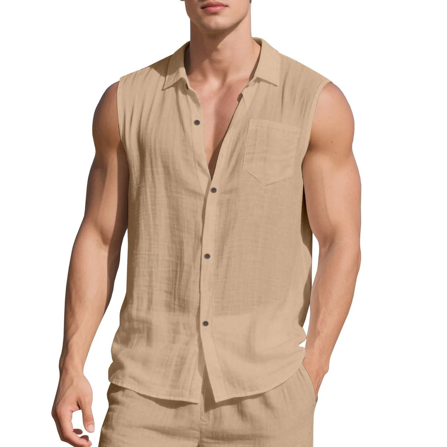 Loose-fit sleeveless linen cardigan vest with a polo collar in a solid colour on a hanger.