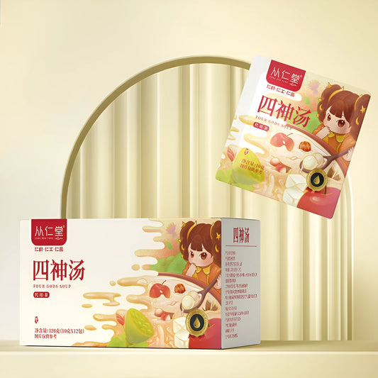 Box of children's spleen and stomach herbal tea decoction with twelve 100ml bags showing traditional Chinese medicine ingredients