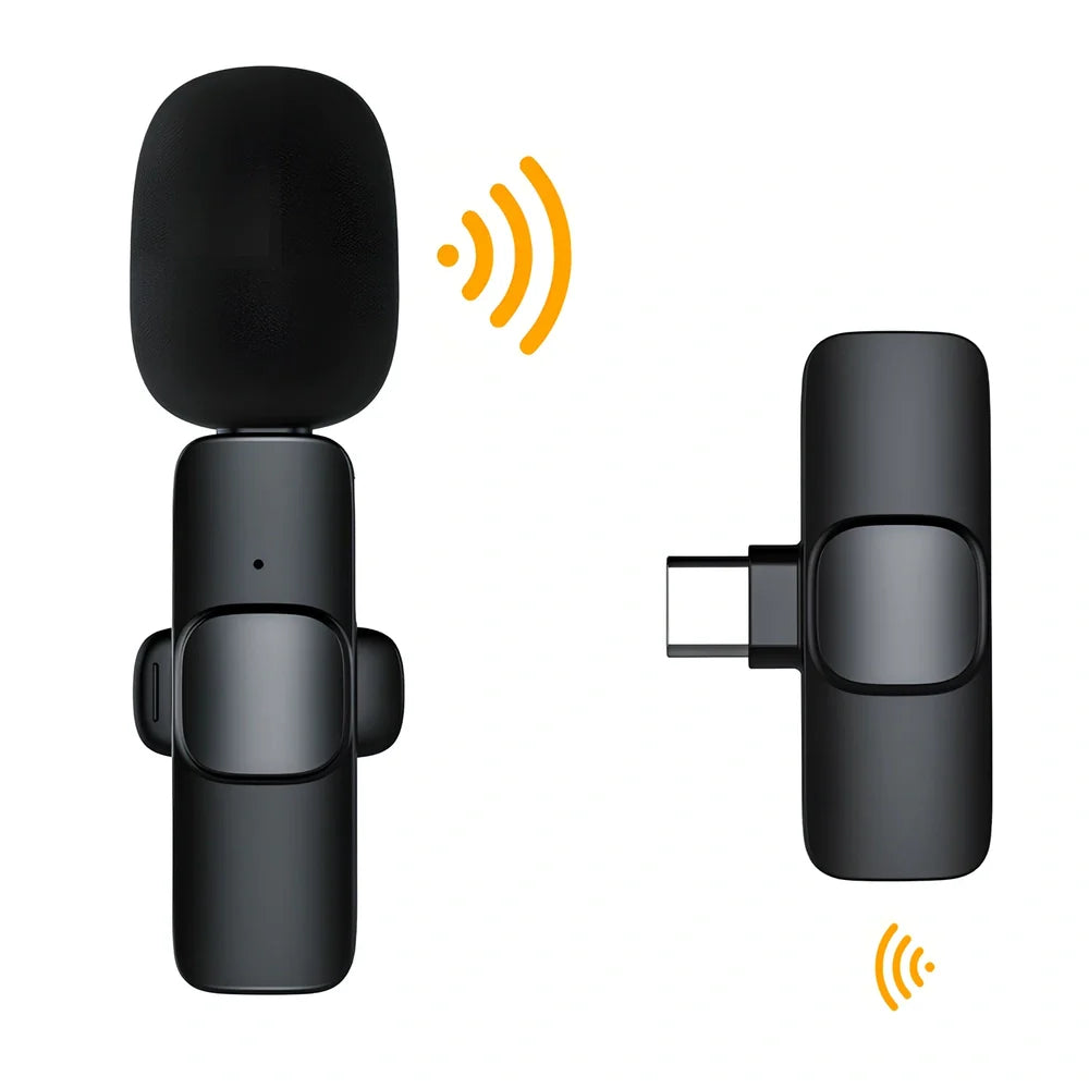 Wireless lavalier microphone with clip showing compact 130x90x25mm dimensions and multiple interface connectors