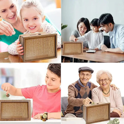 Wooden piggy bank with coin counter and side opening mechanism measuring 20cm