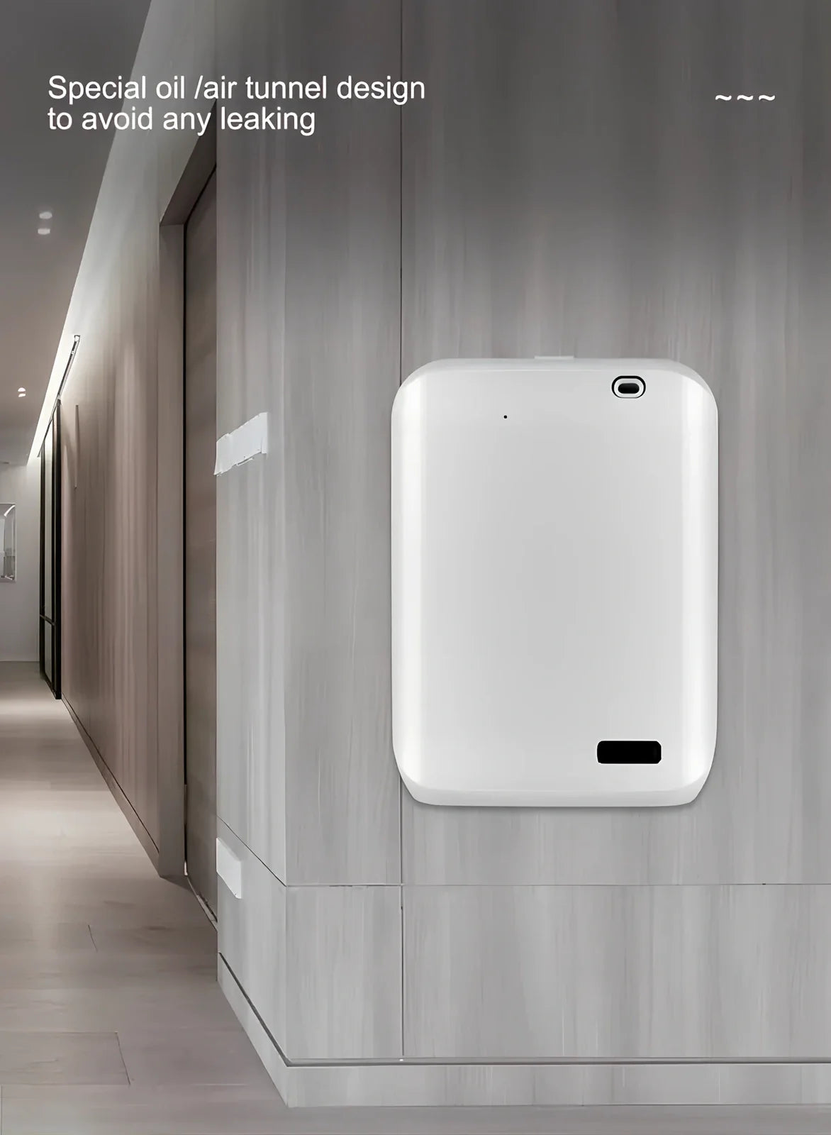 White HVAC wall mount essential oil diffuser measuring 128x70x200mm with app control