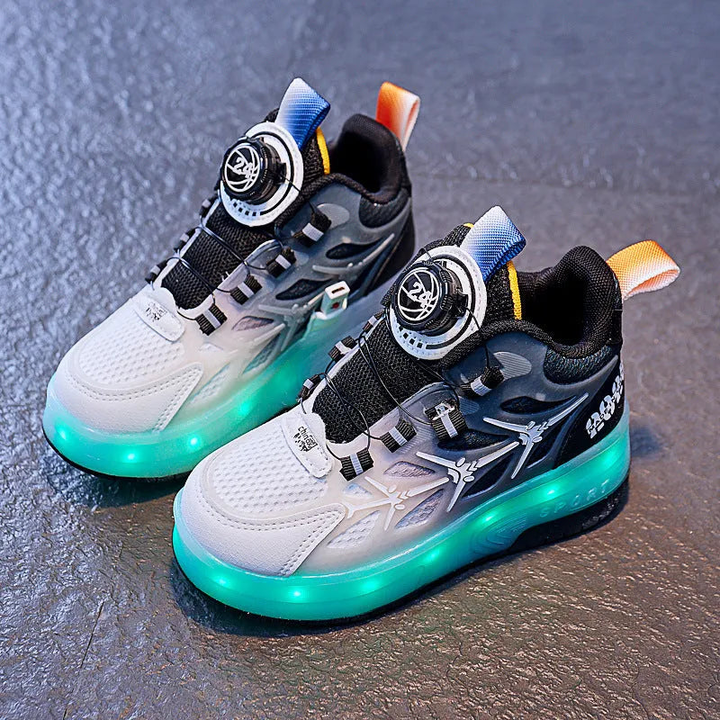 Children's flash knob roller skating shoes in blue, showing the rotating button fastening and knob roller mechanism.
