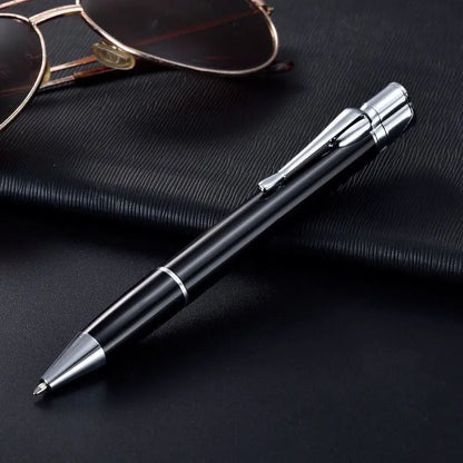 Silver metal pen-style jet lighter with side ignition button and windproof flame.