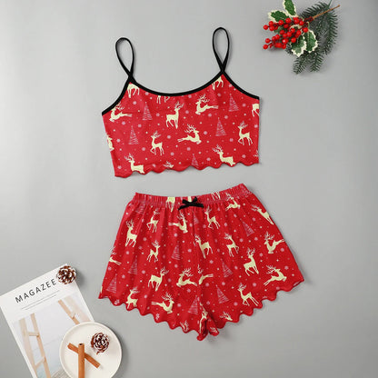 Christmas Women's Milk Silk Pajamas Set with Sleeveless Shorts in festive designs