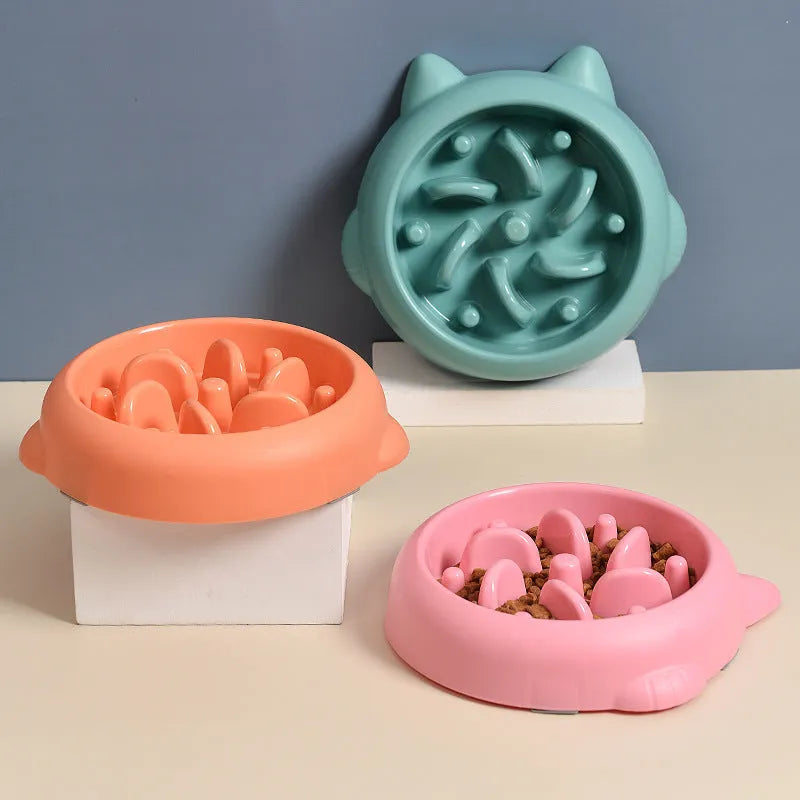 PP plastic slow feeder dog bowl with bone-shaped obstacles in green, pink or orange
