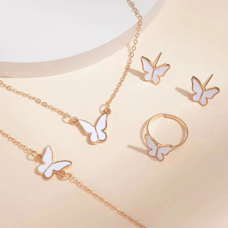 5-piece butterfly jewelry set for women, including necklace, earrings, ring, and bracelet