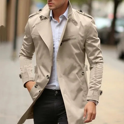 Men's solid colour cotton jacket with lapel collar and side seam pockets in Army Green.