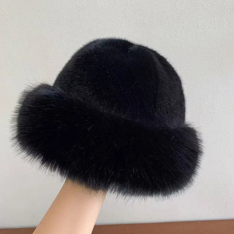 Plush Mongolian faux mink fur winter hat with dome top design in milky white colour