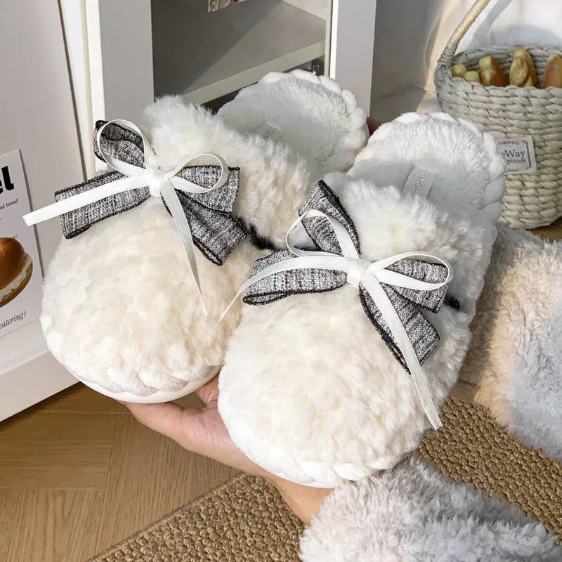 Women's bow tie cotton slippers with plush interior in beige, green, and khaki