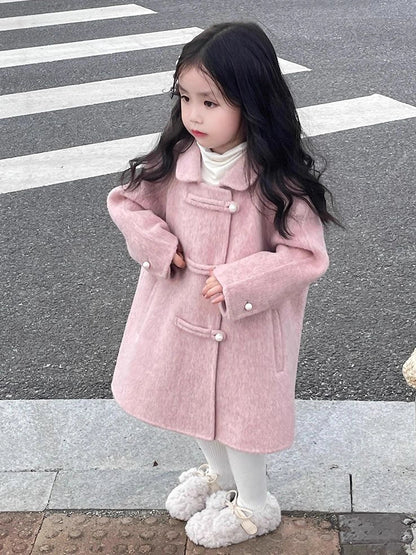 Reversible peach pink woolen coat for girls with Korean style design and cotton fabric