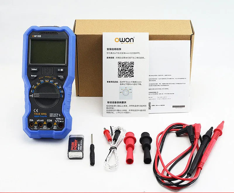 OW16B handheld digital multimeter with display, dial, and test leads for electrical voltage, current, and temperature measurement.