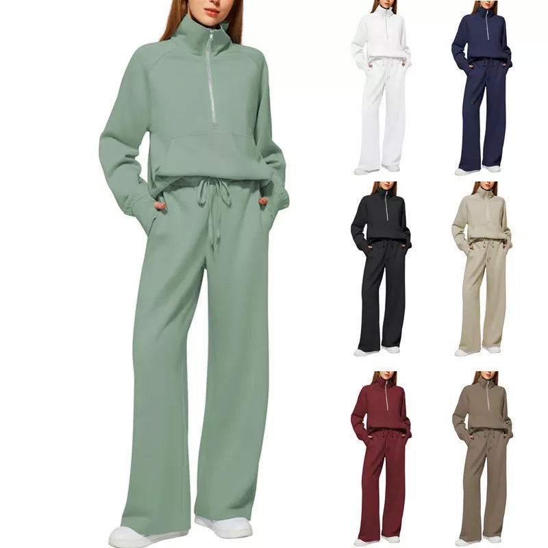 Women's solid color long-sleeved sweater trousers suit in polyester, available in multiple colors