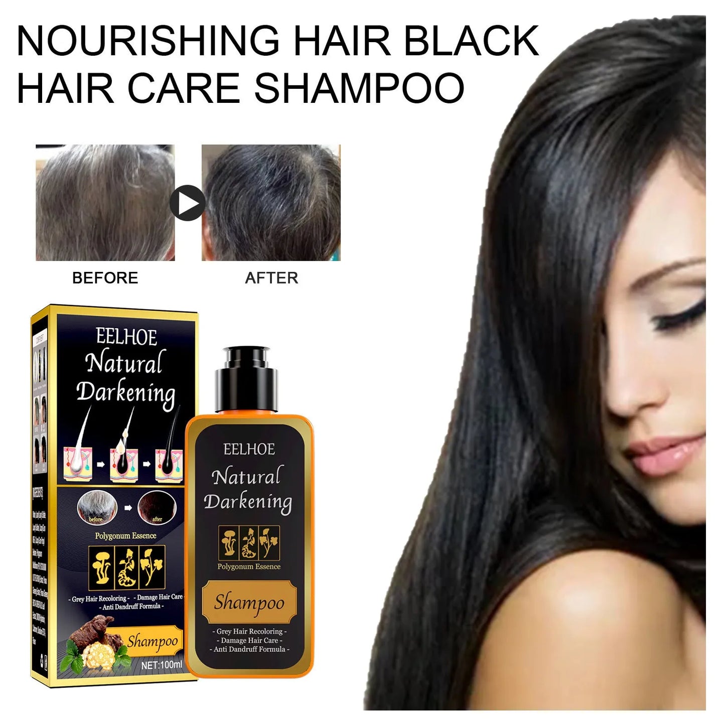 100ml boxed bottle of Polygonum Multiflorum Shampoo for white to black hair transformation.