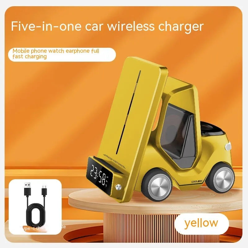 15W three-device wireless charging bracket in grey, white, yellow, or orange with compact 150x146x75mm dimensions