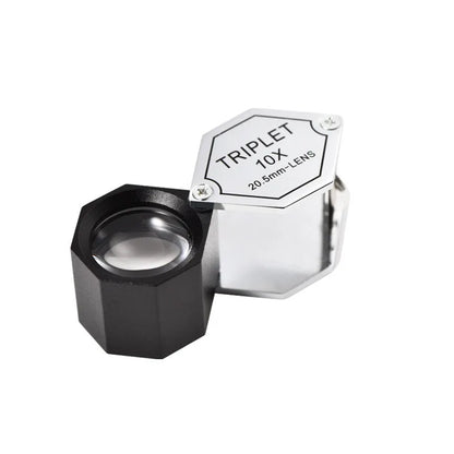 Handheld metal and optical glass magnifying glass for jewellery, stamp, and coin identification with 10x to 30x magnification.