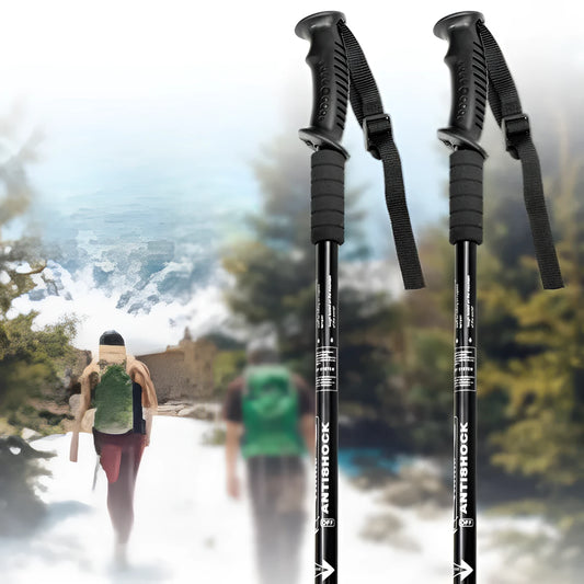 Aluminium alloy telescopic trekking pole extended with straight handle, shown with accessory tips including foot cover and snow holder.