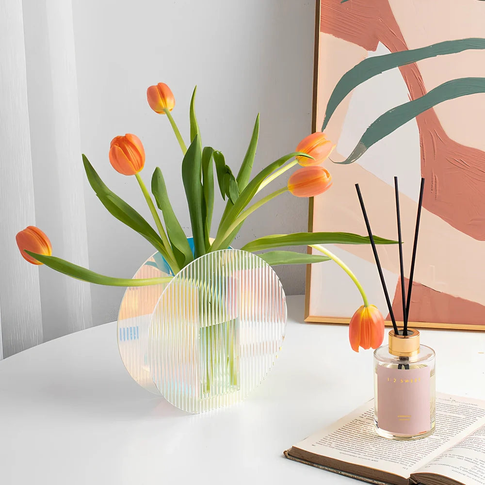 Nordic minimalist acrylic vase with polished corrugated surface, 20cm height