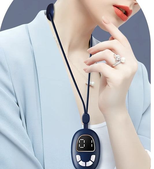 Blue mini cervical spine massage device with hanging neck design and four massage contacts for pulse therapy