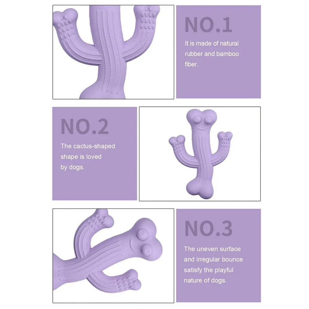 Beige cactus-shaped dog chew toy made from bamboo fibre and rubber on a white background.