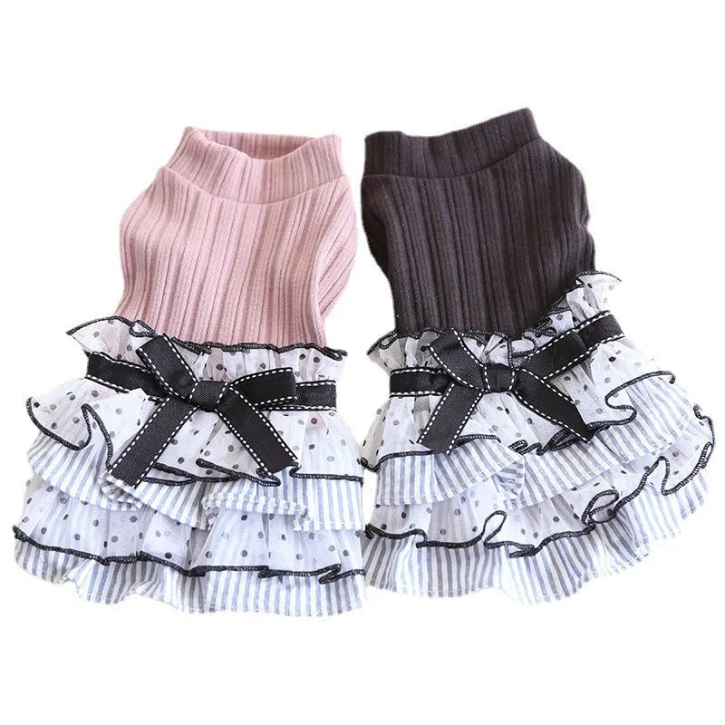 Polka dot lace cake dress pet costume for dogs and cats in princess style with floral trim