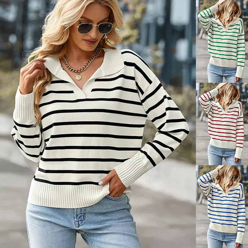 Women's V-neck lapel striped sweater in blue, red, green, and black