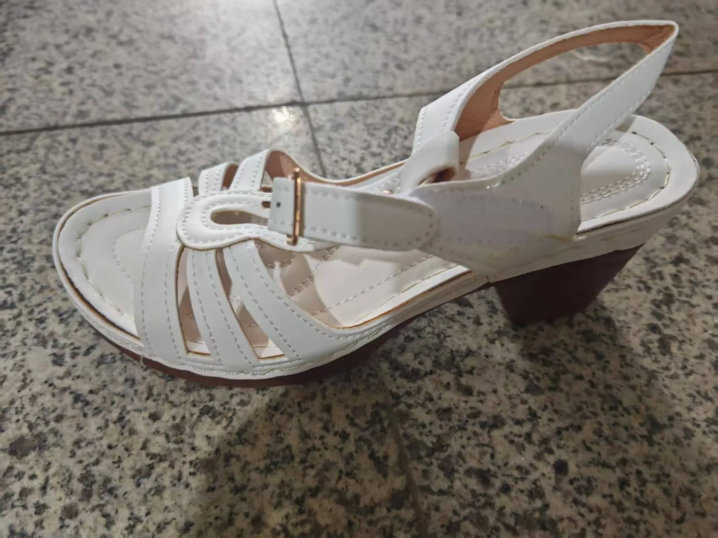 Women's black peep toe wedge platform sandals showing fish mouth toe design and ankle buckle strap