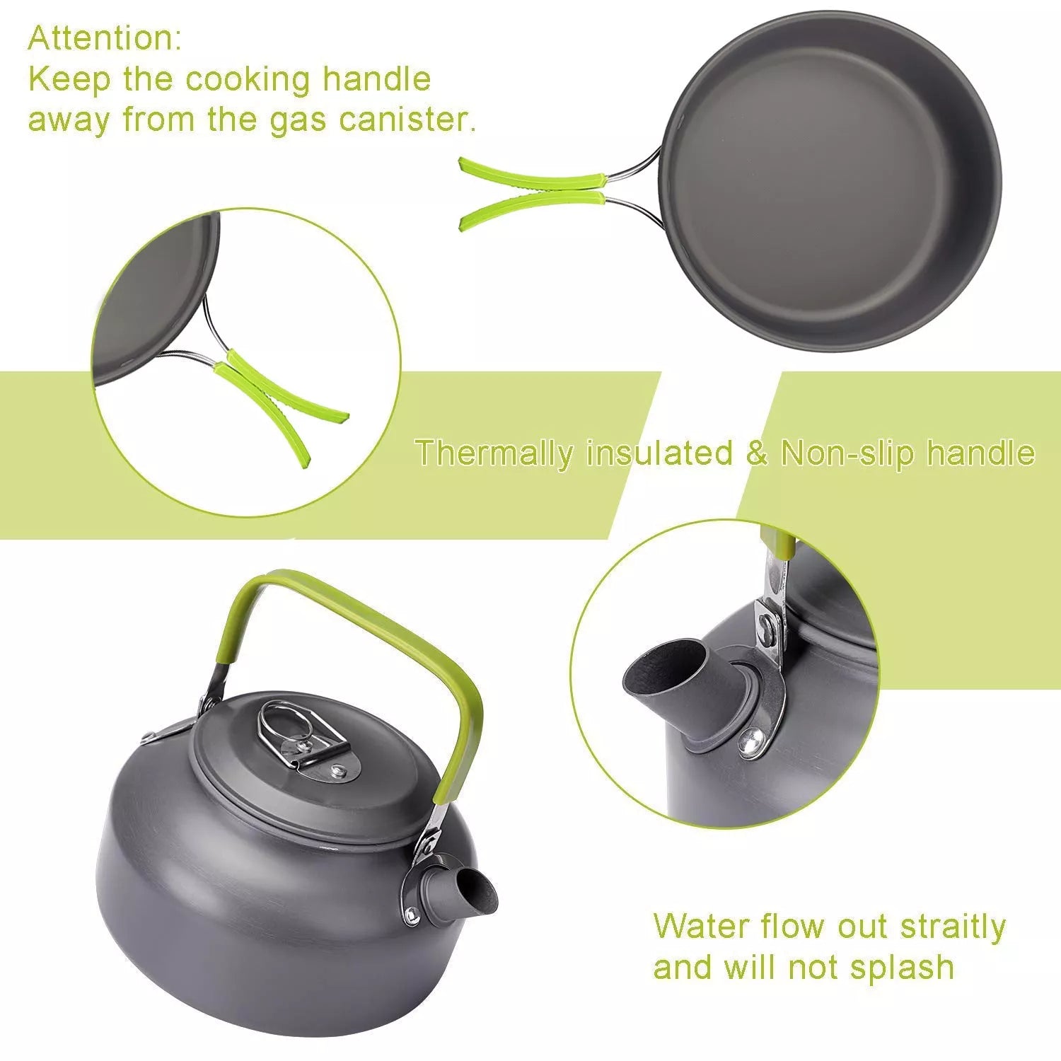 Camping cooker set with teapot, frying pan, and stainless steel utensils for outdoor dining