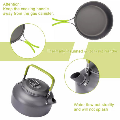 Camping cooker set with teapot, frying pan, and stainless steel utensils for outdoor dining